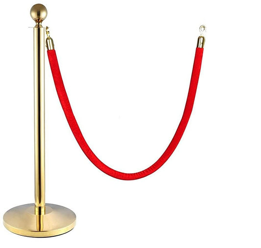 DOSSVICK - Golden Luxury Queue Manager 16kg (8kg per unit) - Set of 1 pole - 1 Red Rope 1.5metre Velvet Rope- - 3.2ft Height- DOUBLE POLISHED CHROME | crowd control barrier
