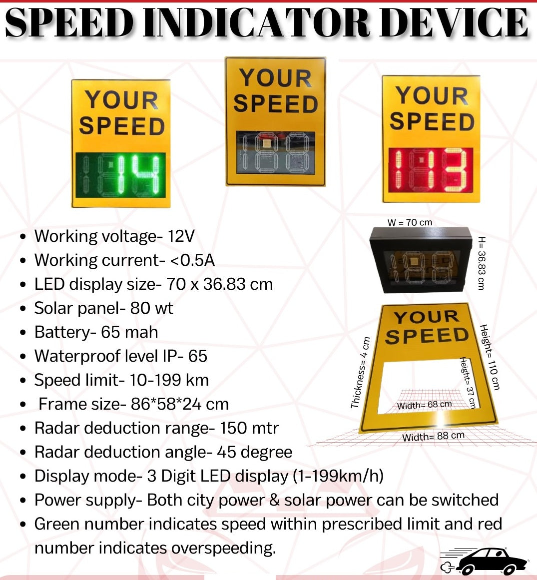 DOSSVICK - Vehicle Speed Indicator Radar with Display - Both Solar + Power Supply - IP65 Waterproof - 86x58x24 cm